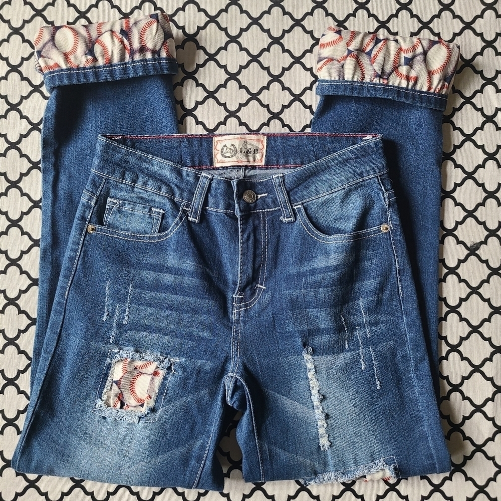 L&B Baseball Patched Distressed Crop Jeans Size 4